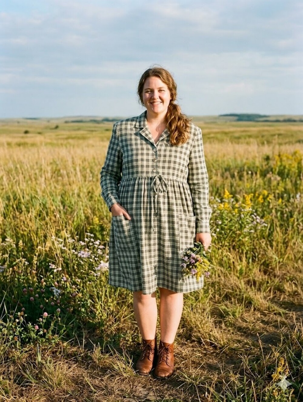 Vintage Plaid Shell Button Front Prairie Grunge Cottagecore Dress Green Cream 14